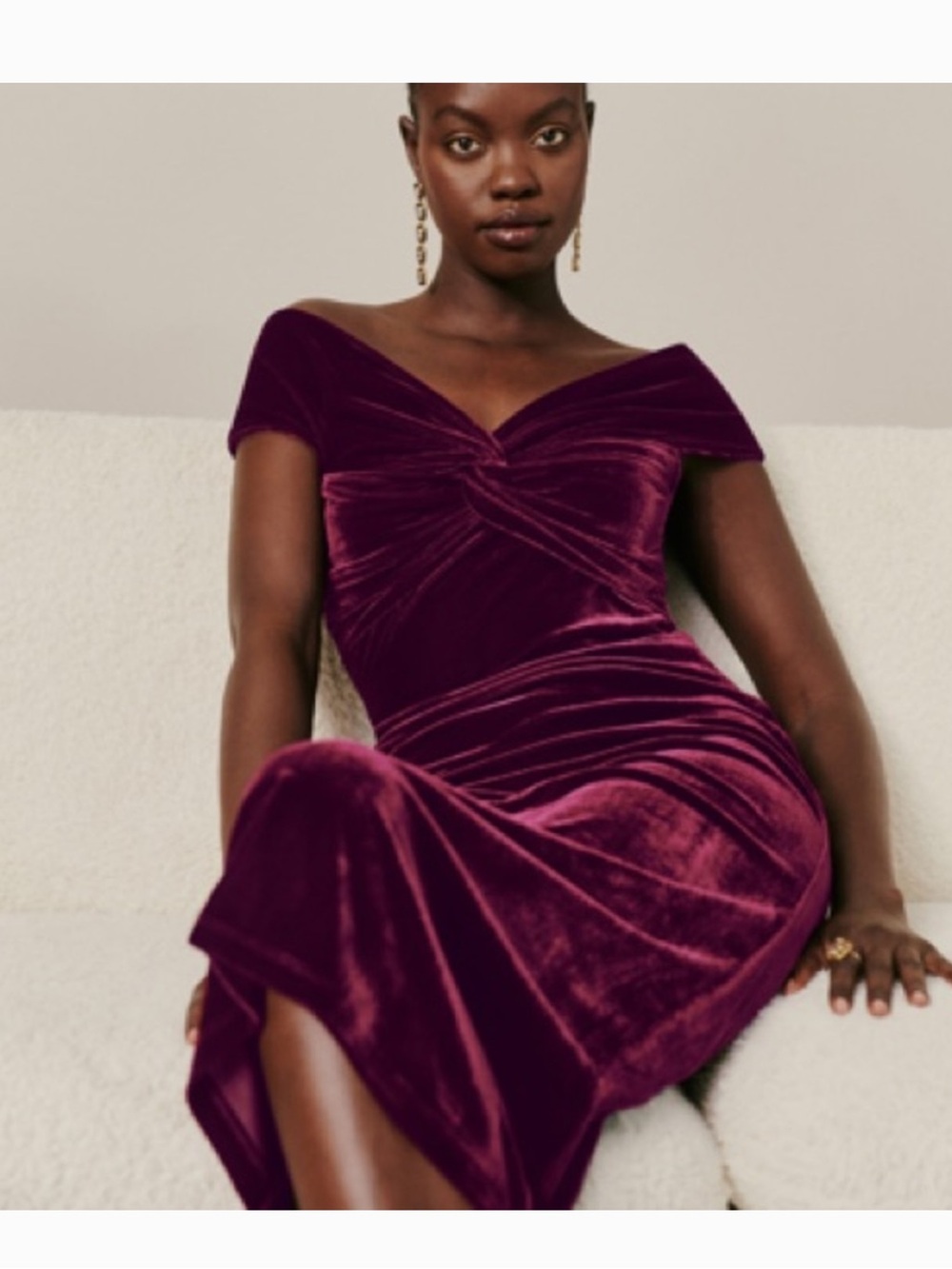 Reformation Off-Shoulder Velvet Midi Dress in Deep Plum